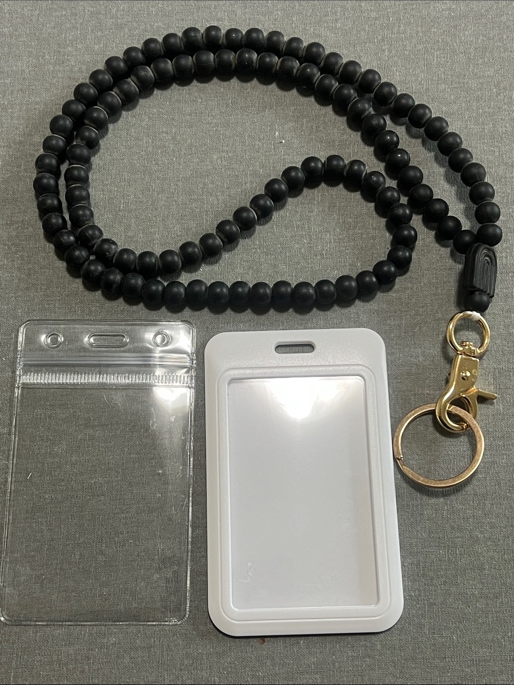 New White Badge Holder ID Lanyard with Black Beaded Necklace and Gold Clip